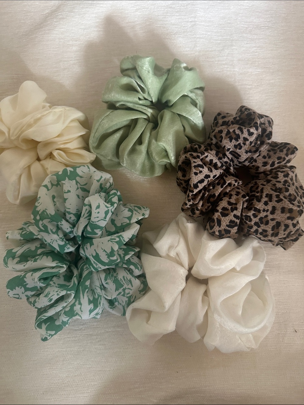 Set of 6 Large Satin & Patterned Scrunchies - Green, Cream, Leopard